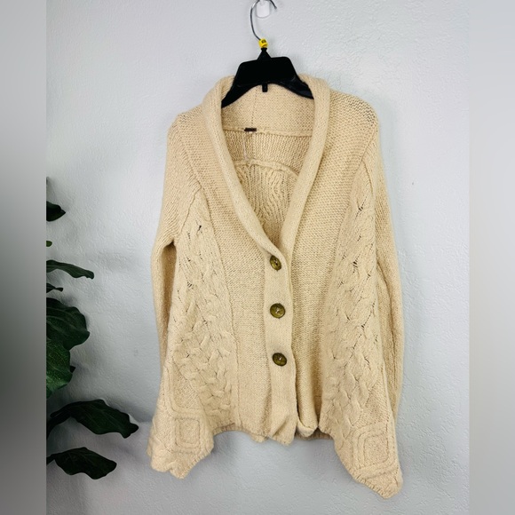 Free People Far Away Cable Knit Cardigan Sweater Boho Wool Blend Tan XS - Picture 2 of 11
